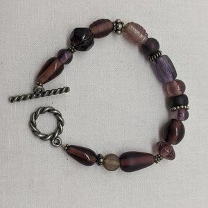Purple Glass Bead Silver Tone Boho Chic Bracelet